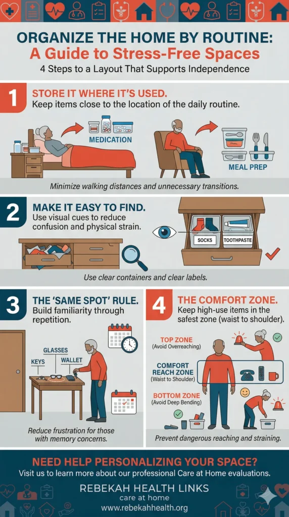 Infographic titled "Organize the Home by Routine: A Guide to Stress-Free Spaces" by Rebekah Health Links. The graphic illustrates four steps to improve home safety and independence for seniors: 1) Store items where they are used, such as keeping medication by the bed; 2) Use clear bins and large-print labels on drawers for easy visibility; 3) Use the "Same Spot" rule for essentials like keys and glasses to support those with memory issues; and 4) Store frequently used items in the "Comfort Reach Zone" between waist and shoulder height to prevent falls. The footer promotes professional care at home evaluations available at rebekahhealth.org.