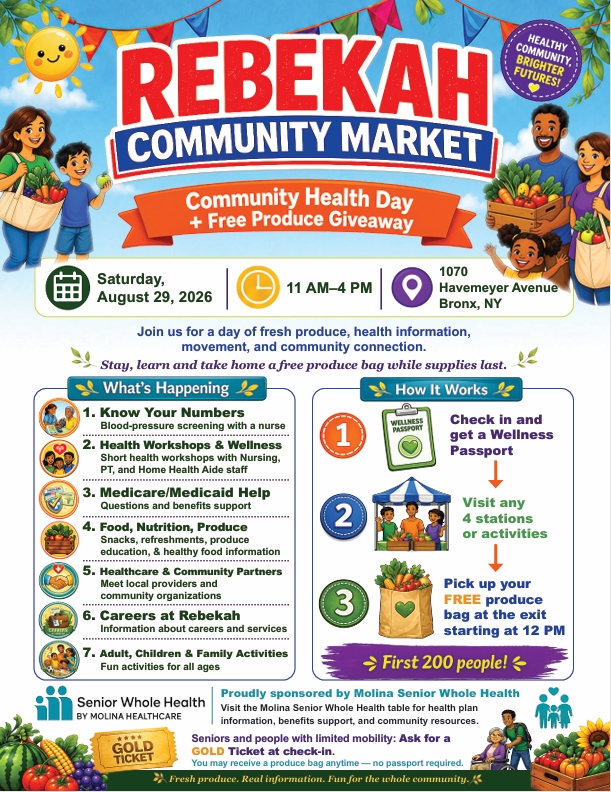 Colorful flyer for Rebekah Community Market promoting a Community Health Day and Free Produce Giveaway, with date, time, and Bronx, NY location.
